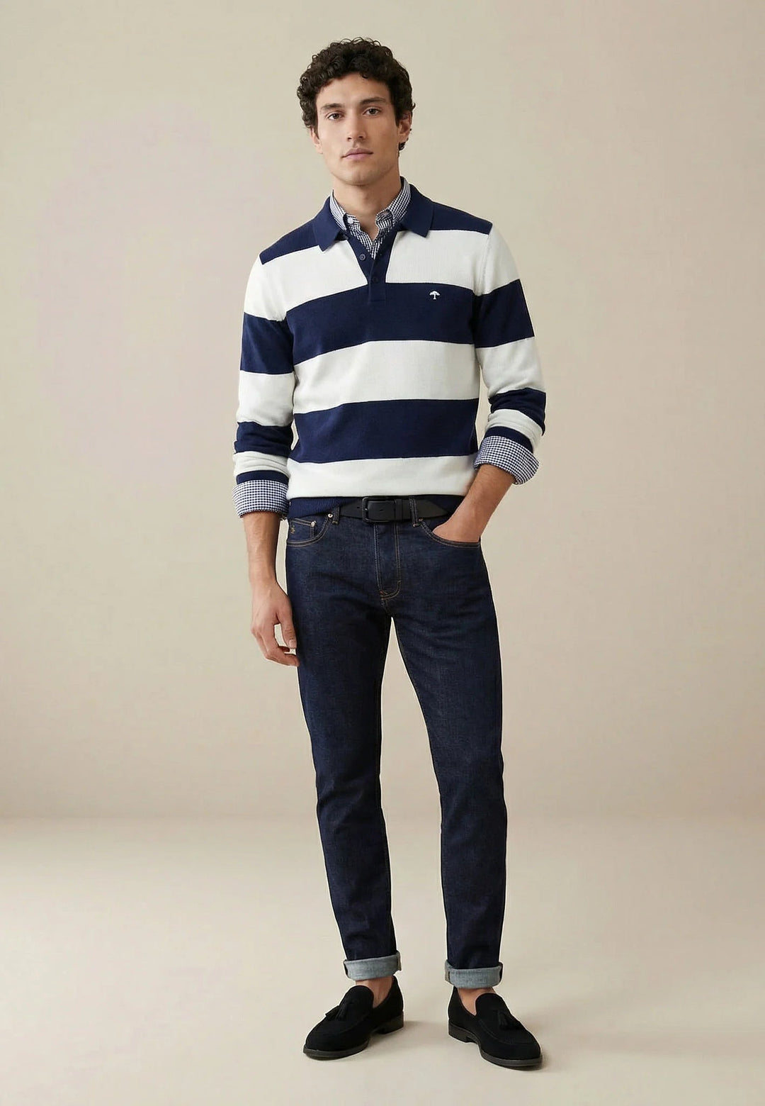 Fynch - Hatton Block Stripe Cotton Linen Polo Collar Knit Navy - 1603706-690-M - fynch - hatton.co.uk