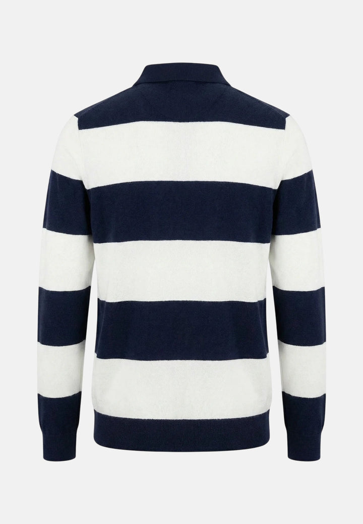 Fynch - Hatton Block Stripe Cotton Linen Polo Collar Knit Navy - 1603706-690-M - fynch - hatton.co.uk