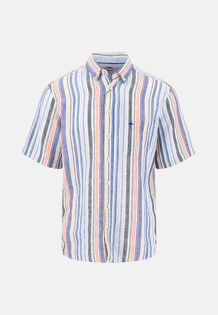 Fynch - Hatton Colourful Stripes Linen Button Down Short Sleeved Shirt Tangerine 16046041-212-M