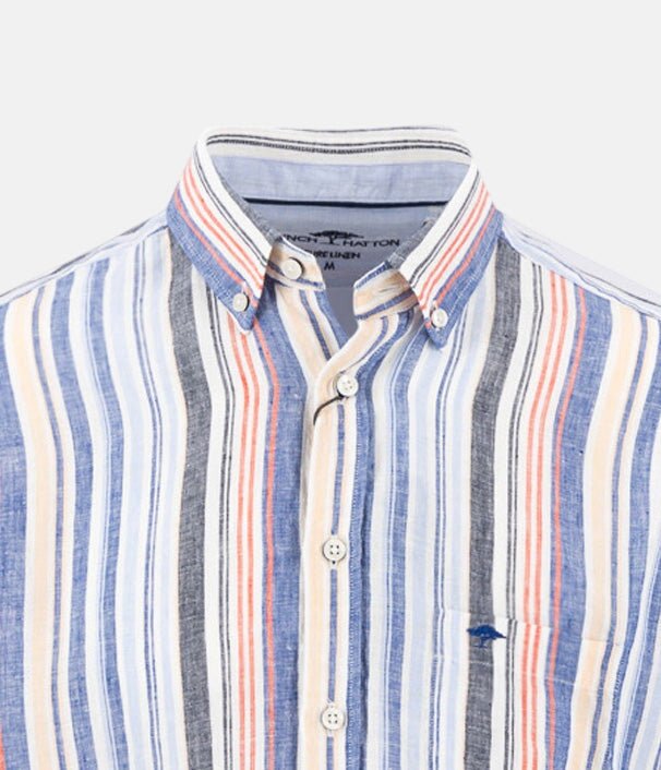 Fynch - Hatton Colourful Stripes Linen Button Down Short Sleeved Shirt Tangerine 16046041-212-M