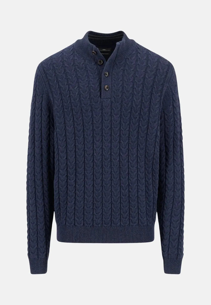 Fynch - Hatton Cotton - Wool Button Neck Cable Knit Sweater Navy 1511601-690-S