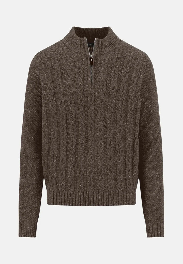 Donegal Wool 1/4 Zip Cable Knit Dark Chocolate – FYNCH-HATTON, image 1 of 3