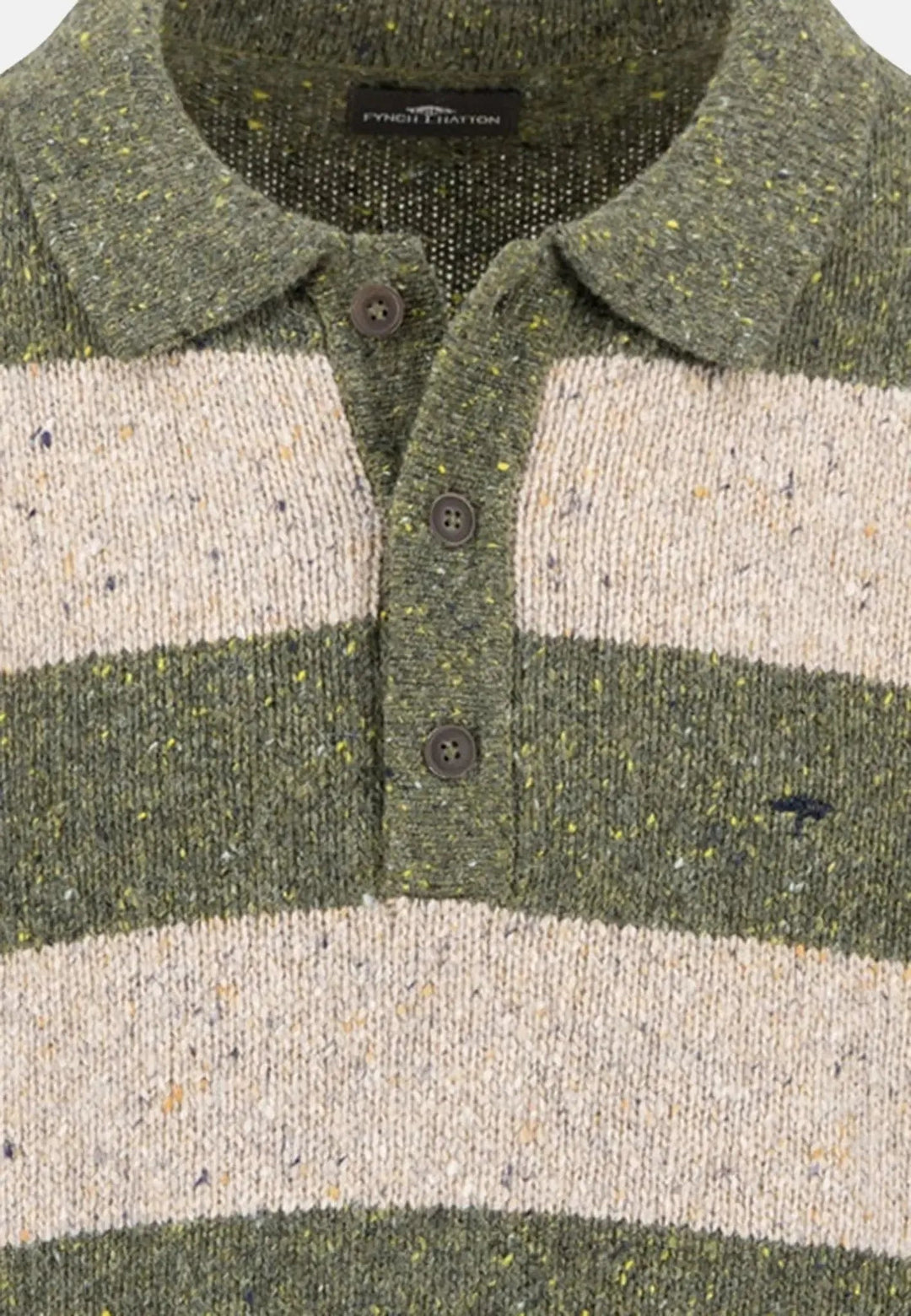 Fynch - Hatton - Donegal Wool Striped Polo Collar Knit Dark Ivy - 1510362-737-S