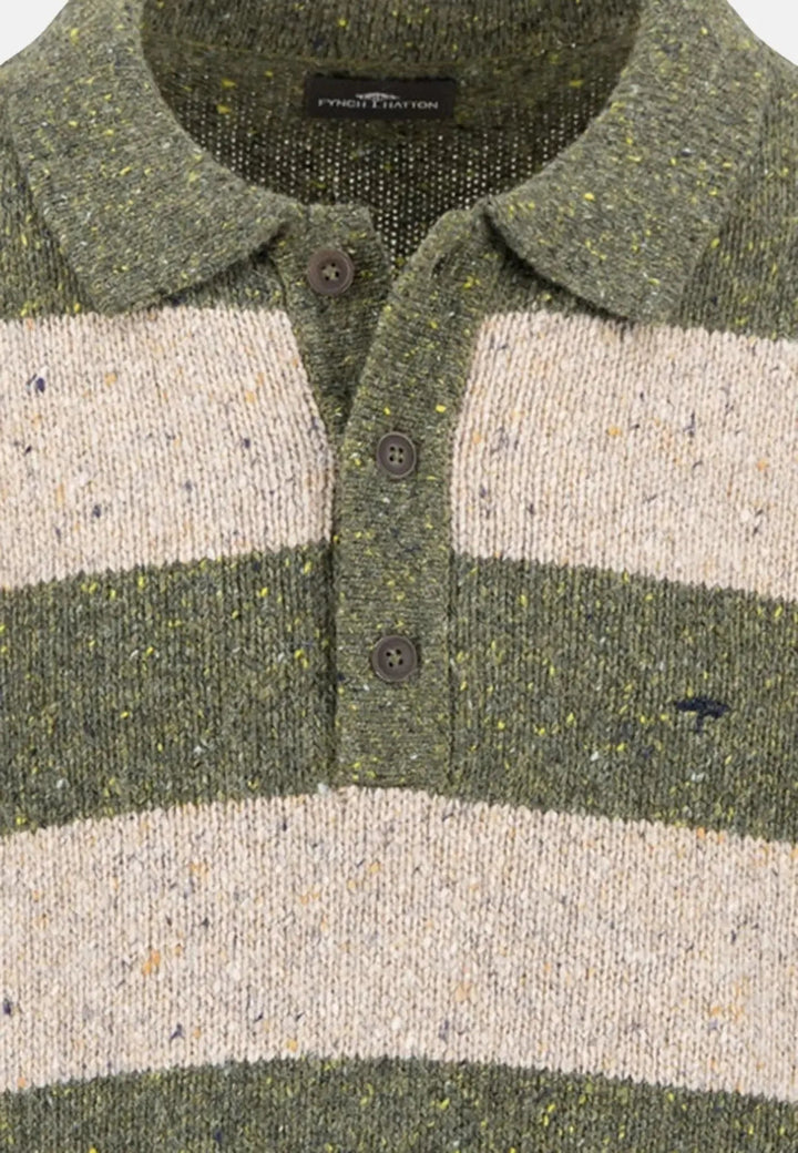 Fynch - Hatton - Donegal Wool Striped Polo Collar Knit Dark Ivy - 1510362-737-S