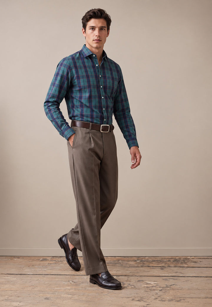 Fynch-Hatton Egyptian Poplin Check Kent Collar Shirt Teal 16089403-673-M
