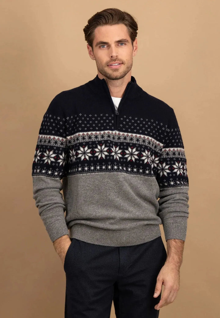 Fynch - Hatton Fair Isle Lambswool 1/4 Zip Knit Navy - 1510308-690-S - fynch - hatton.co.uk
