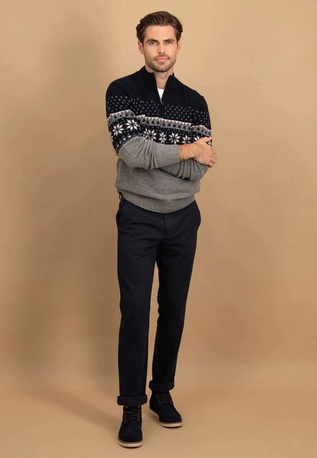 Fynch - Hatton Fair Isle Lambswool 1/4 Zip Knit Navy - 1510308-690-S - fynch - hatton.co.uk