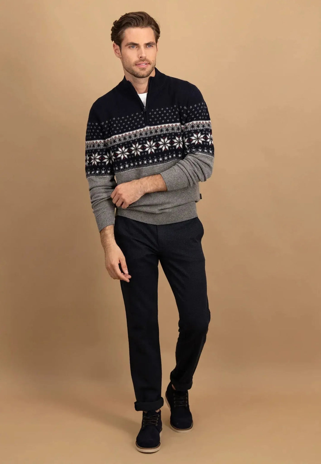 Fynch - Hatton Fair Isle Lambswool 1/4 Zip Knit Navy - 1510308-690-S - fynch - hatton.co.uk