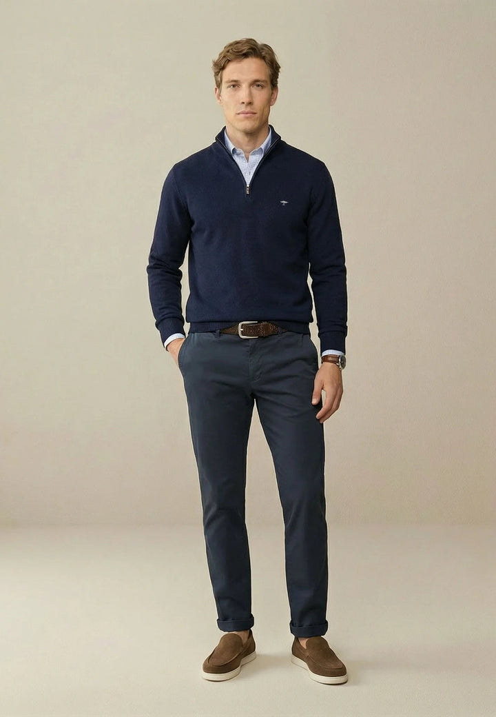 Fynch-Hatton Fine Knit Cotton 1/4 Zip Sweater Navy SFPK215-690-S