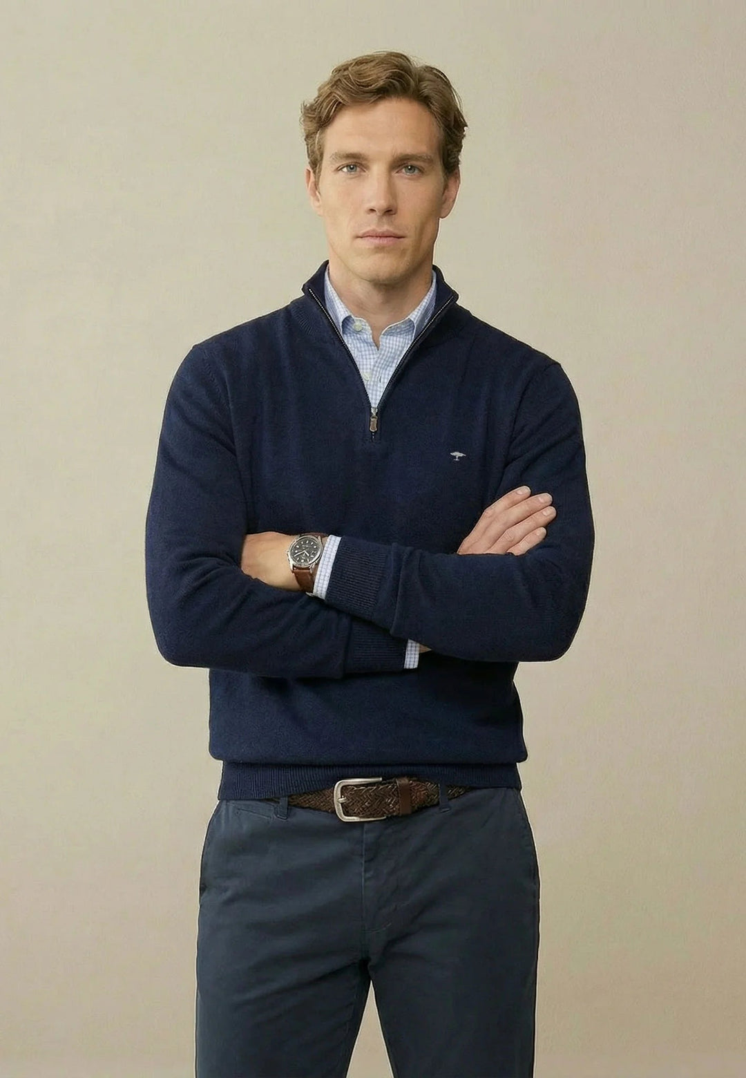 Fynch-Hatton Fine Knit Cotton 1/4 Zip Sweater Navy SFPK215-690-S