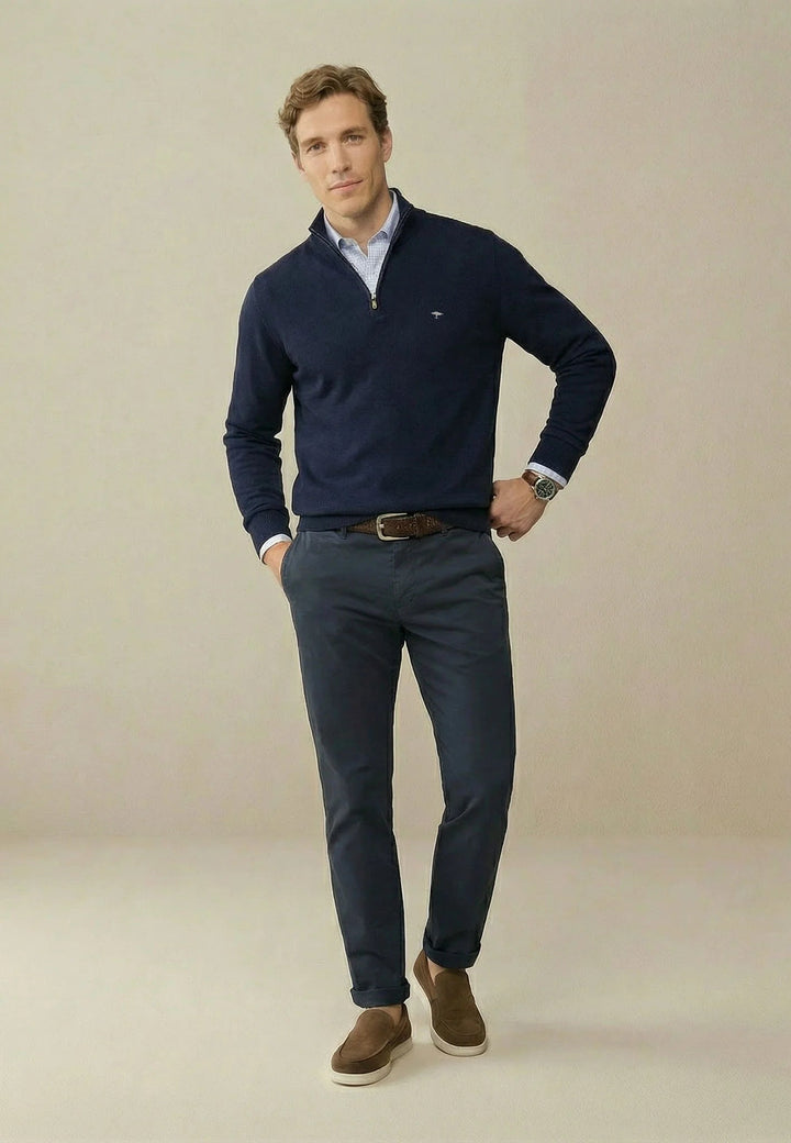 Fynch-Hatton Fine Knit Cotton 1/4 Zip Sweater Navy SFPK215-690-S