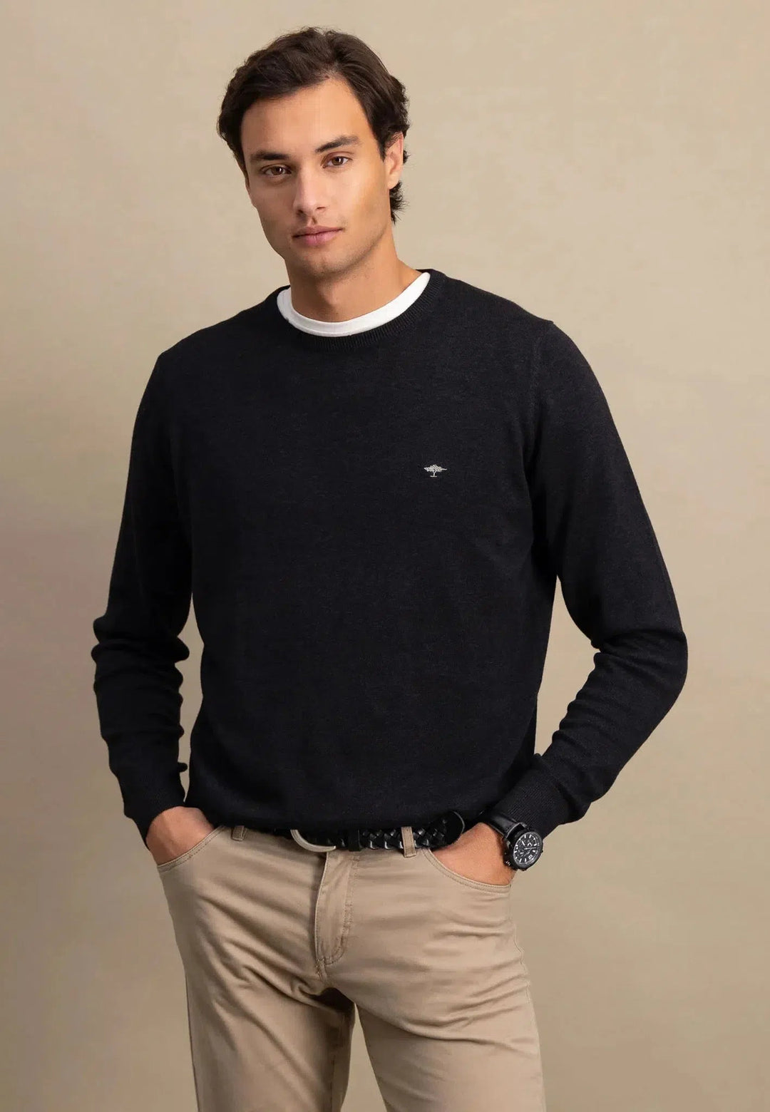 Fynch - Hatton - Fine Knit Cotton Crewneck Charcoal - SFPK210-998-S