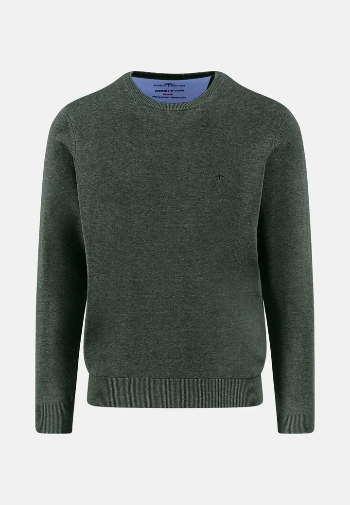 Fynch - Hatton - Fine Knit Cotton Crewneck Dark Ivy - 1514210-737-S