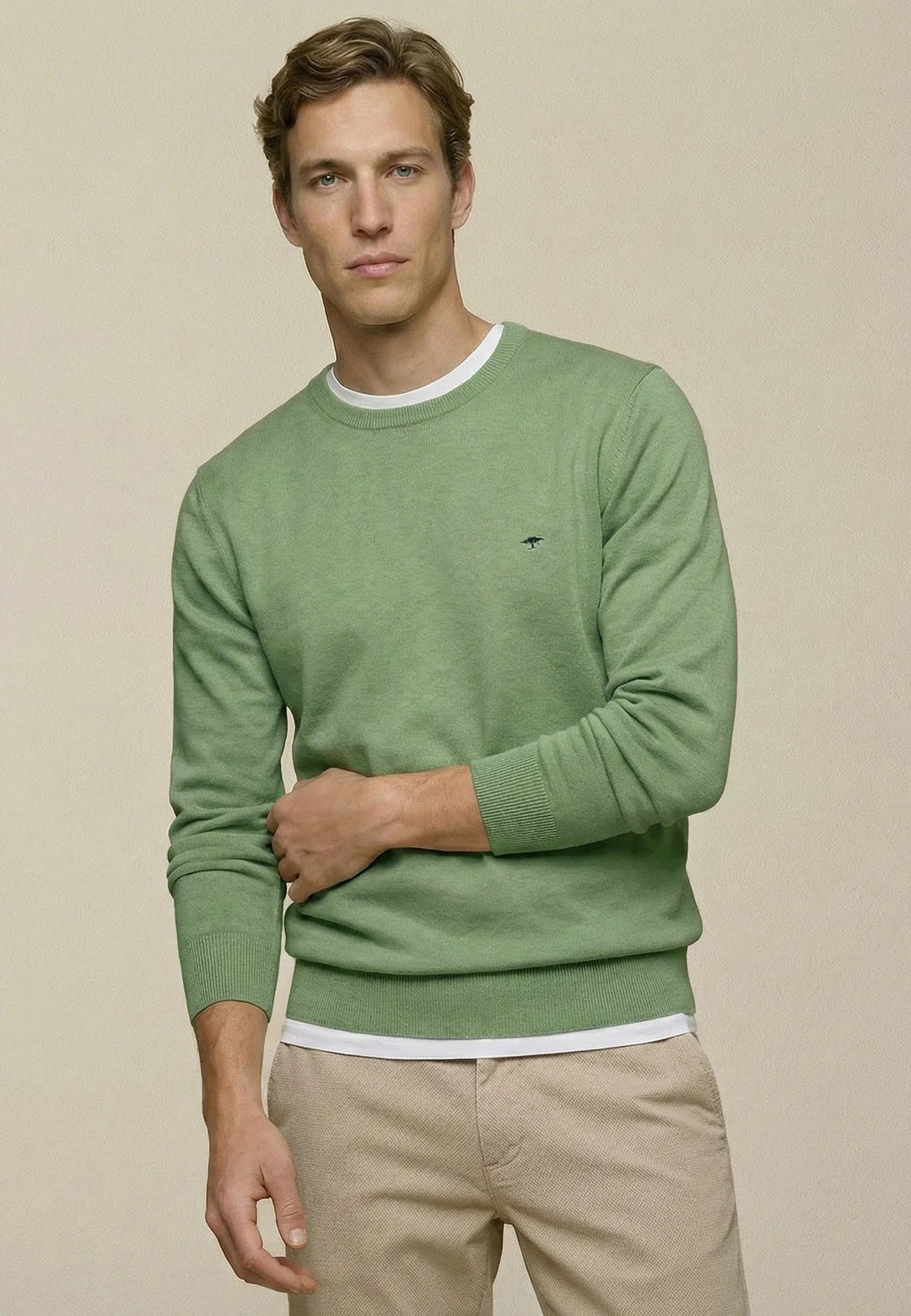 Fynch - Hatton Fine Knit Cotton Crewneck Sweater Avocado - 1613210-740-M - fynch - hatton.co.uk