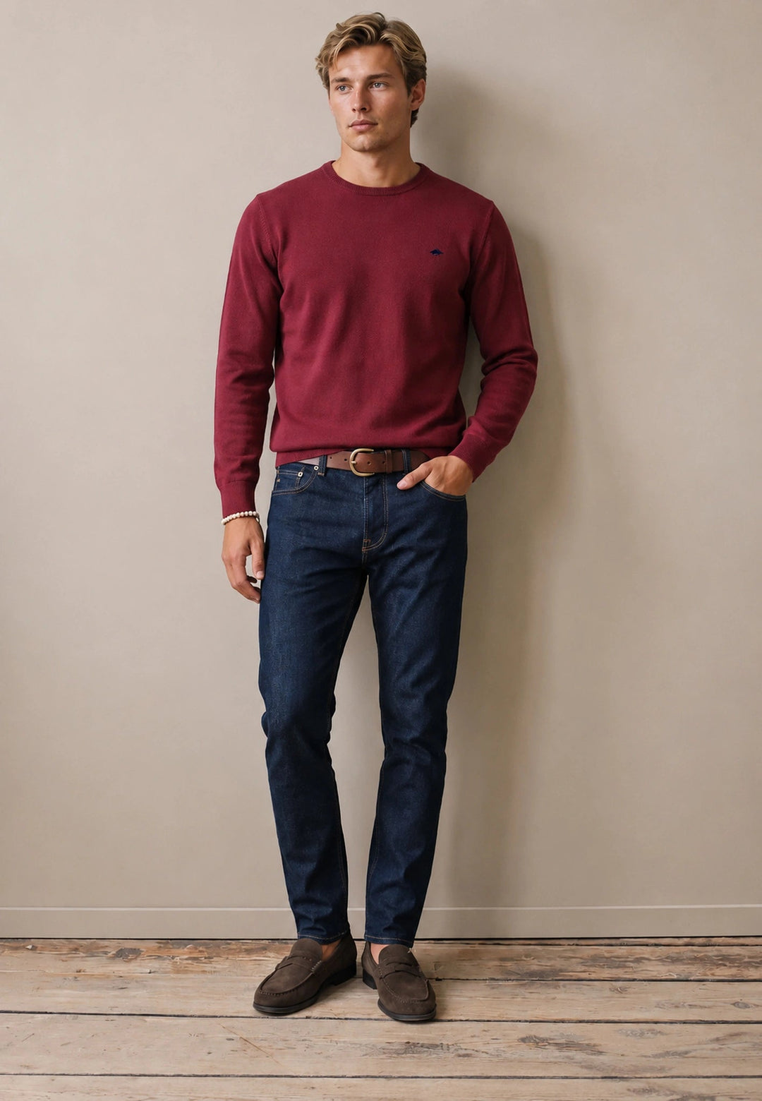 Fynch-Hatton Fine Knit Cotton Crewneck Sweater Brick 1614210-346-M