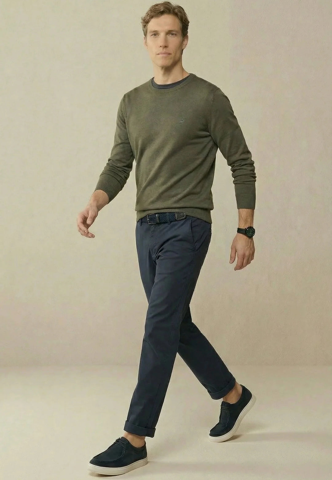 Fynch - Hatton Fine Knit Cotton Crewneck Sweater Dark Khaki - 1613210-719-M - fynch - hatton.co.uk