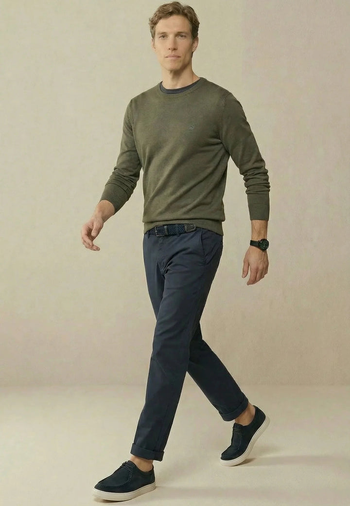 Fynch - Hatton Fine Knit Cotton Crewneck Sweater Dark Khaki - 1613210-719-M - fynch - hatton.co.uk