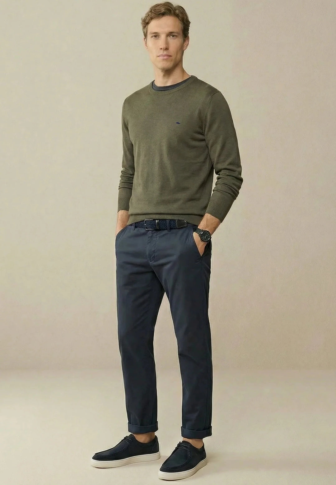 Fynch - Hatton Fine Knit Cotton Crewneck Sweater Dark Khaki - 1613210-719-M - fynch - hatton.co.uk
