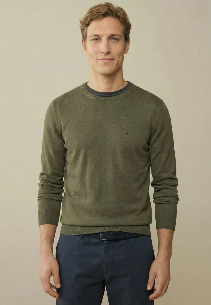 Fynch - Hatton Fine Knit Cotton Crewneck Sweater Dark Khaki - 1613210-719-M - fynch - hatton.co.uk