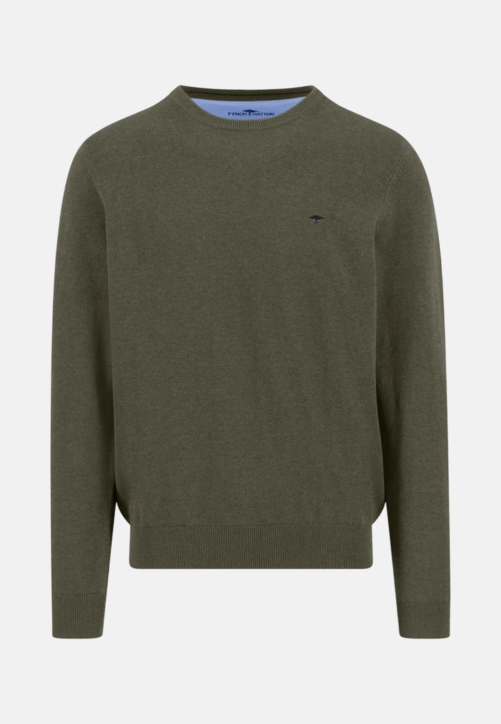Fynch - Hatton Fine Knit Cotton Crewneck Sweater Dark Khaki - 1613210-719-M - fynch - hatton.co.uk
