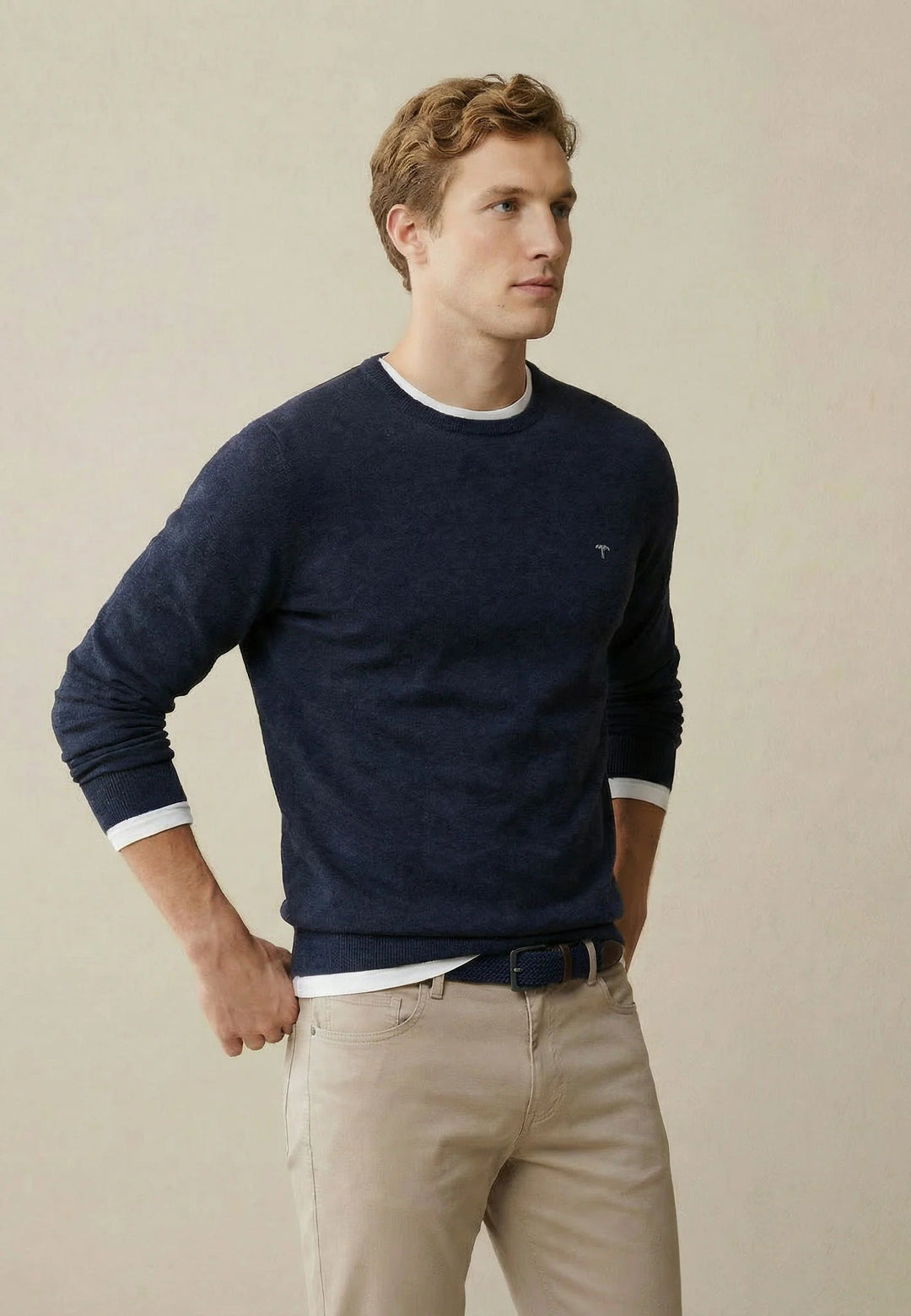 Fynch-Hatton Fine Knit Cotton Crewneck Sweater Navy SFPK210-690-S