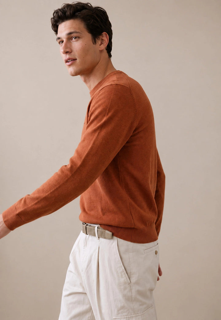 Fynch-Hatton Fine Knit Cotton Crewneck Sweater Sienna 1614210-818-S