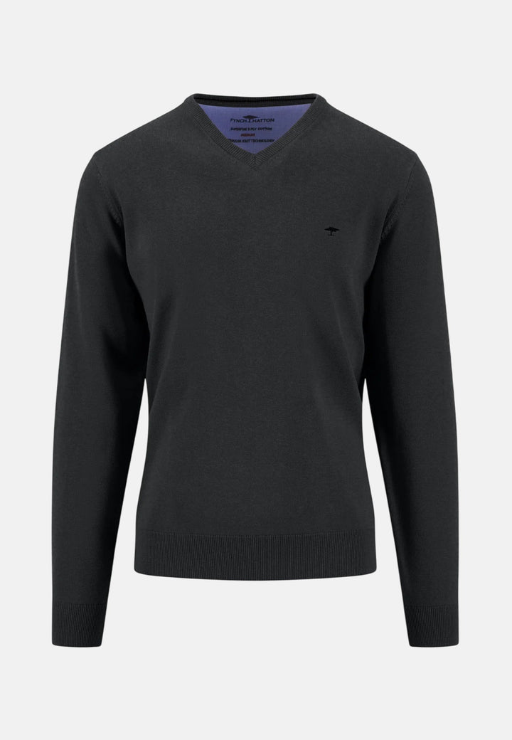 Fynch-Hatton Fine Knit Cotton V-Neck Sweater Black 1614211-999-M