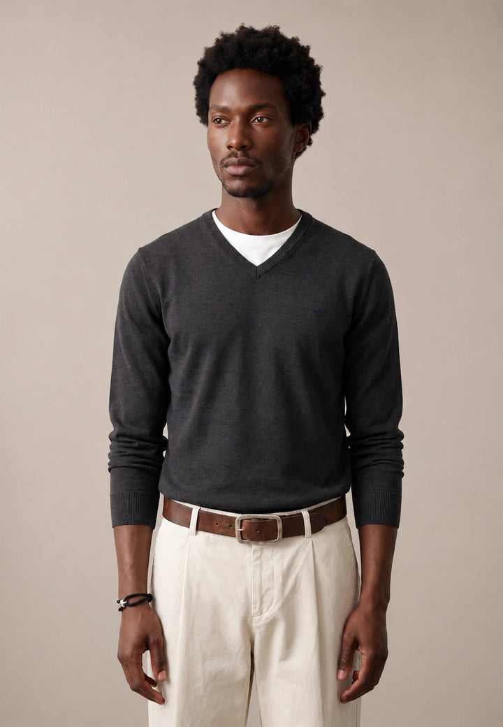 Fynch-Hatton Fine Knit Cotton V-Neck Sweater Black 1614211-999-M