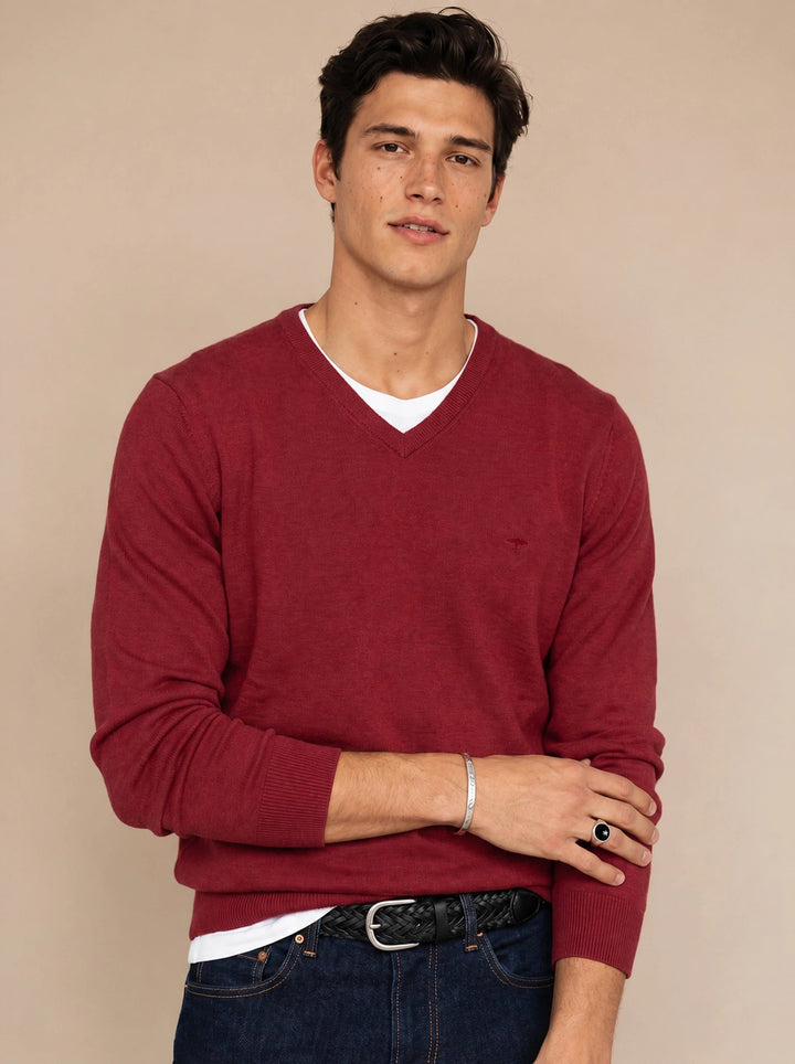 Fynch-Hatton Fine Knit Cotton V-Neck Sweater Brick 1614211-346-S