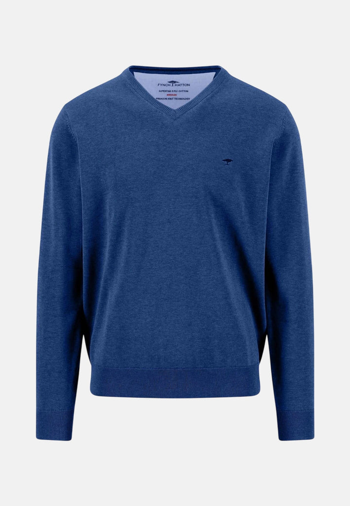 Fynch-Hatton Fine Knit Cotton V-Neck Sweater Cobalt 1614211-674-S