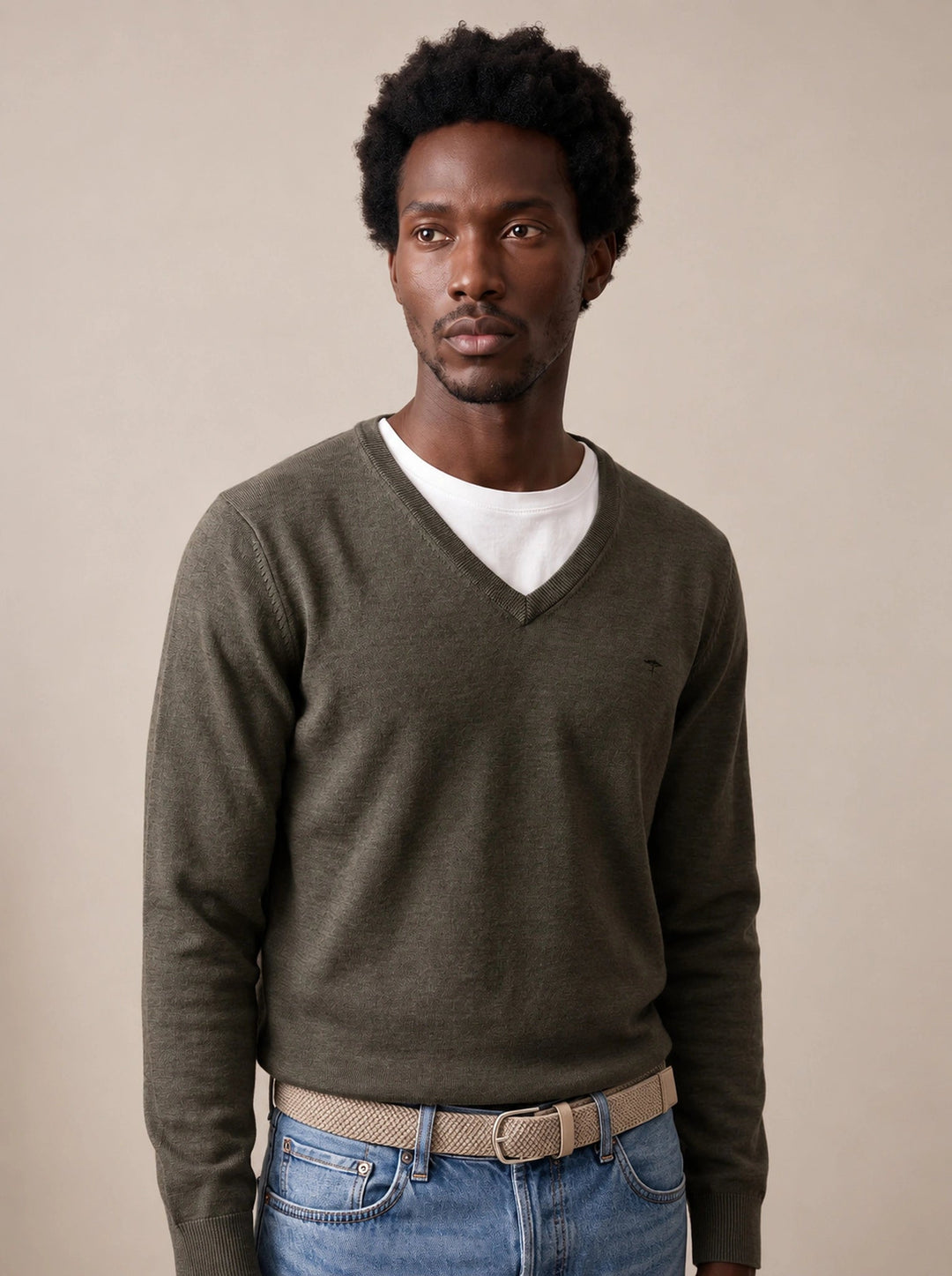 Fynch-Hatton Fine Knit Cotton V-Neck Sweater Cypress 1614211-749-S