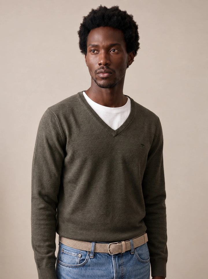 Fynch-Hatton Fine Knit Cotton V-Neck Sweater Cypress 1614211-749-S