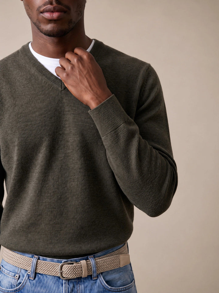 Fynch-Hatton Fine Knit Cotton V-Neck Sweater Cypress 1614211-749-S