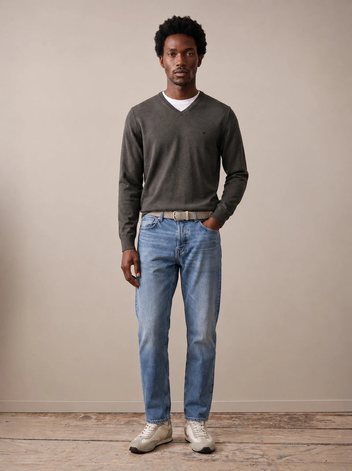 Fynch-Hatton Fine Knit Cotton V-Neck Sweater Cypress 1614211-749-S