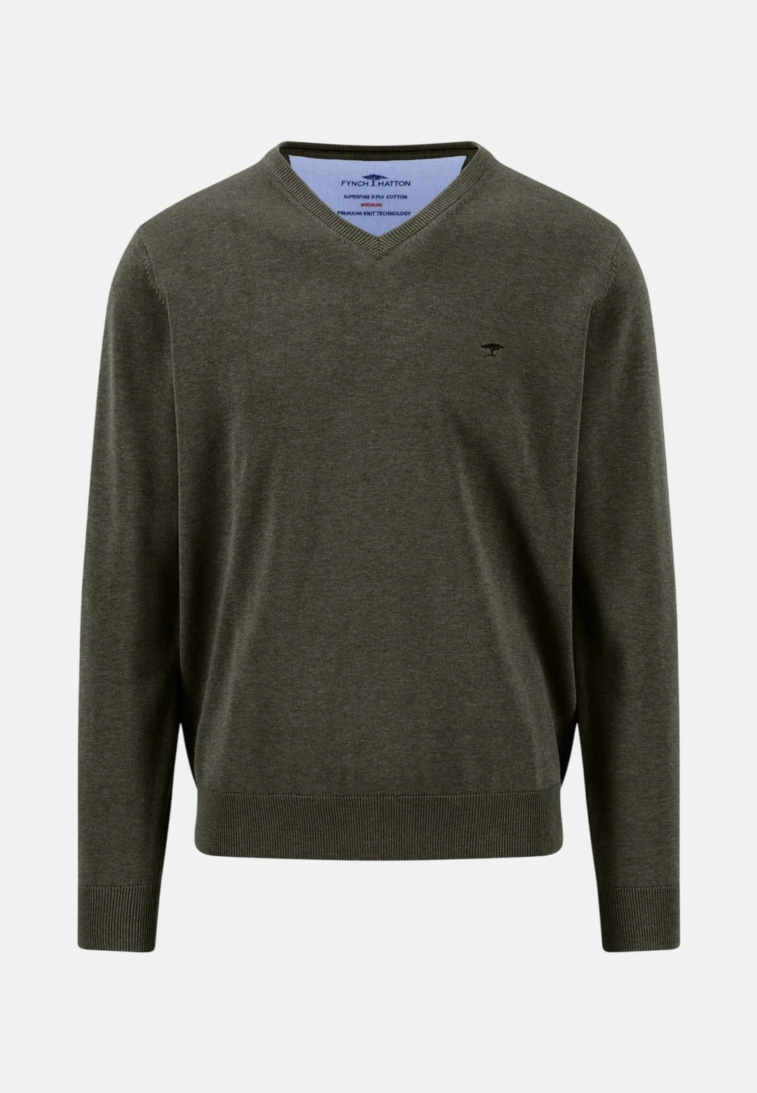 Fynch-Hatton Fine Knit Cotton V-Neck Sweater Cypress 1614211-749-S