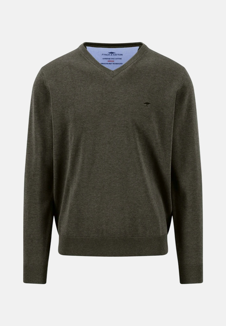 Fynch-Hatton Fine Knit Cotton V-Neck Sweater Cypress 1614211-749-S