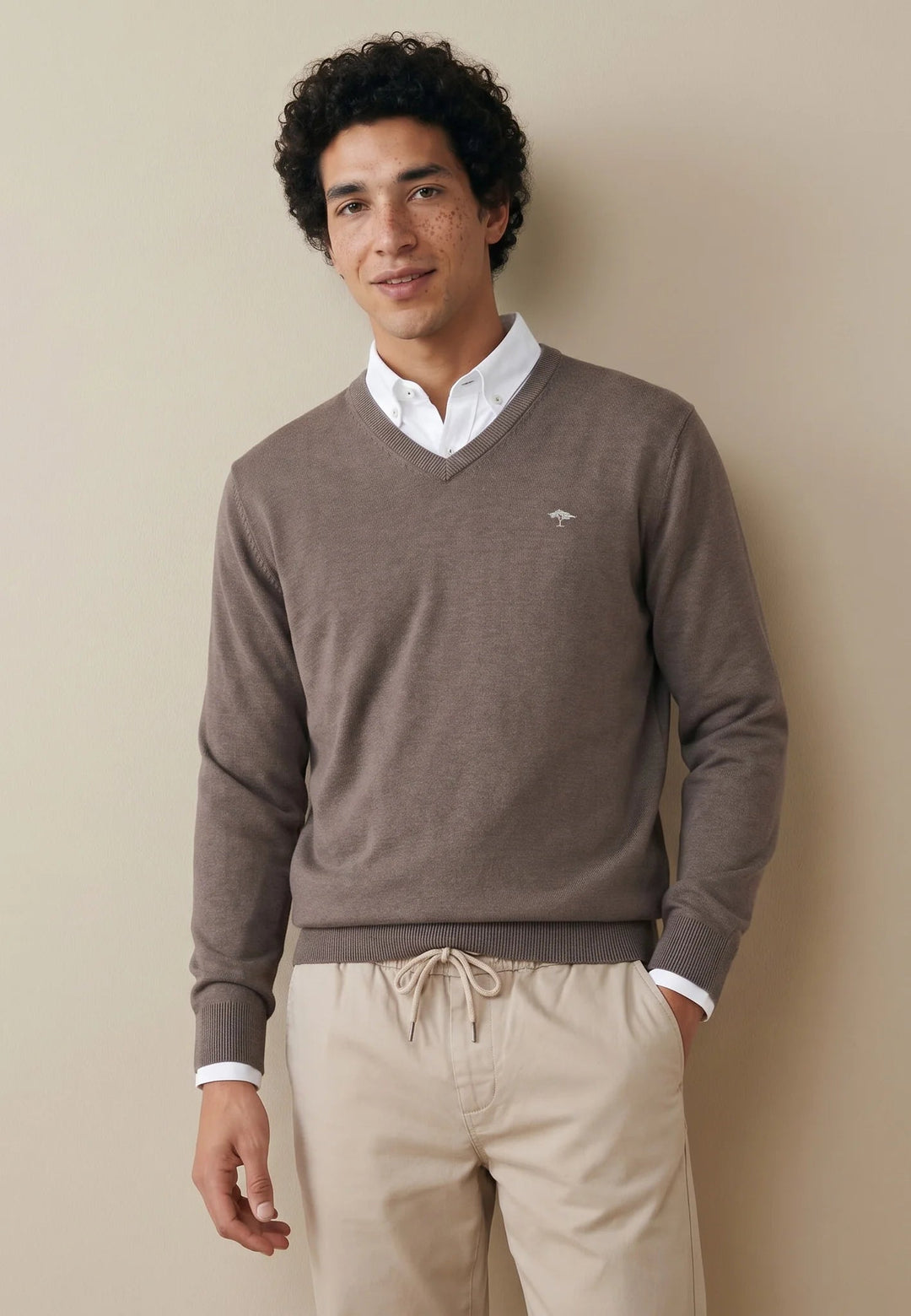 Fynch-Hatton Fine Knit Cotton V-Neck Sweater Earth SFPK211-860-S