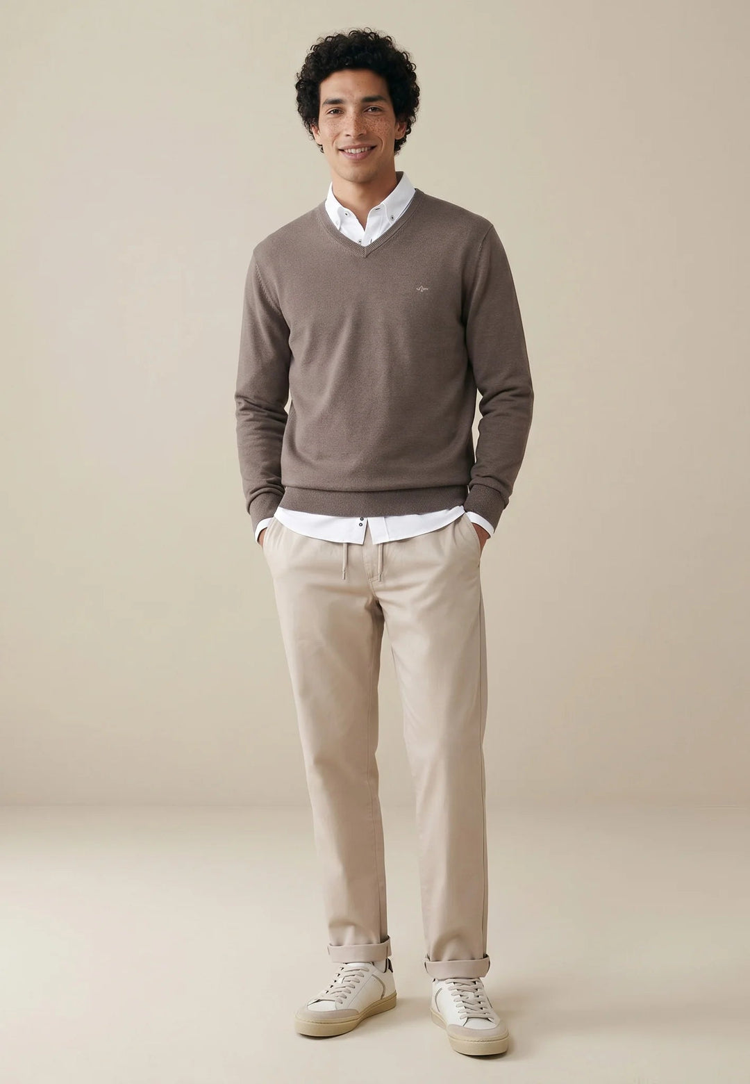 Fynch-Hatton Fine Knit Cotton V-Neck Sweater Earth SFPK211-860-S