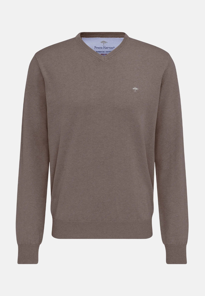 Fynch-Hatton Fine Knit Cotton V-Neck Sweater Earth SFPK211-860-S