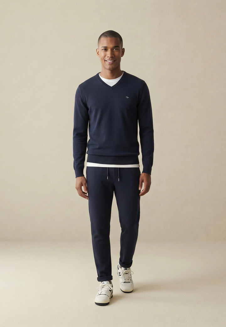 Fynch-Hatton Fine Knit Cotton V-Neck Sweater Navy SFPK211-690-S