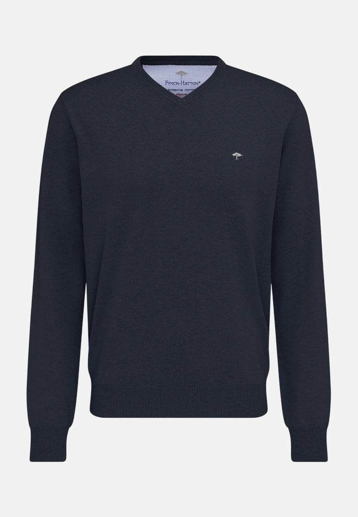 Fynch-Hatton Fine Knit Cotton V-Neck Sweater Navy SFPK211-690-S