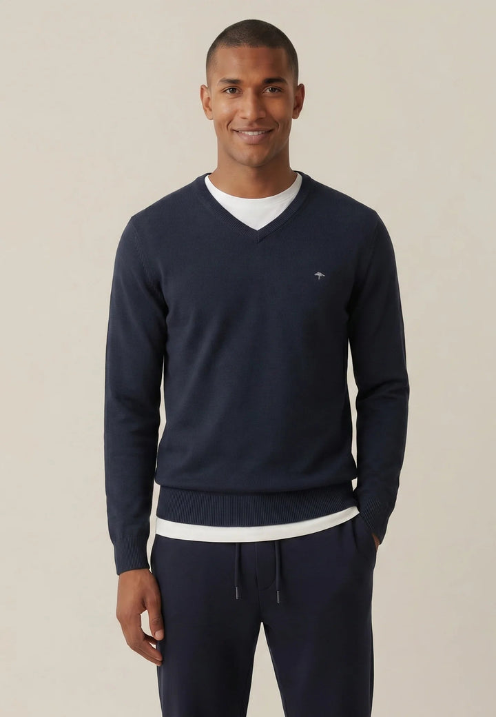 Fynch-Hatton Fine Knit Cotton V-Neck Sweater Navy SFPK211-690-S