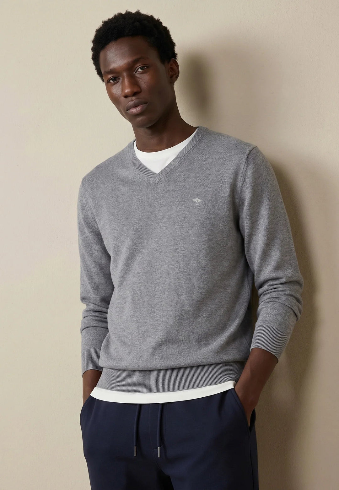 Fynch-Hatton Fine Knit Cotton V-Neck Sweater Steel SFPK211-936-S