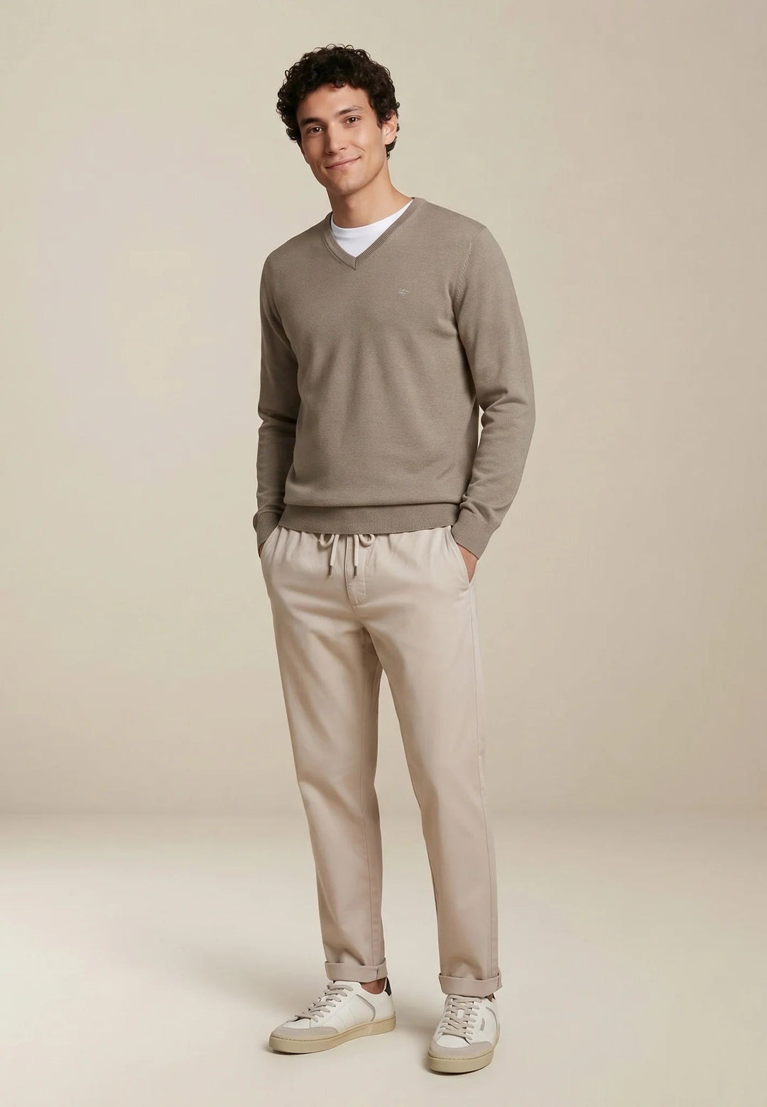Fynch-Hatton Fine Knit Cotton V-Neck Sweater Taupe SFPK211-864-M