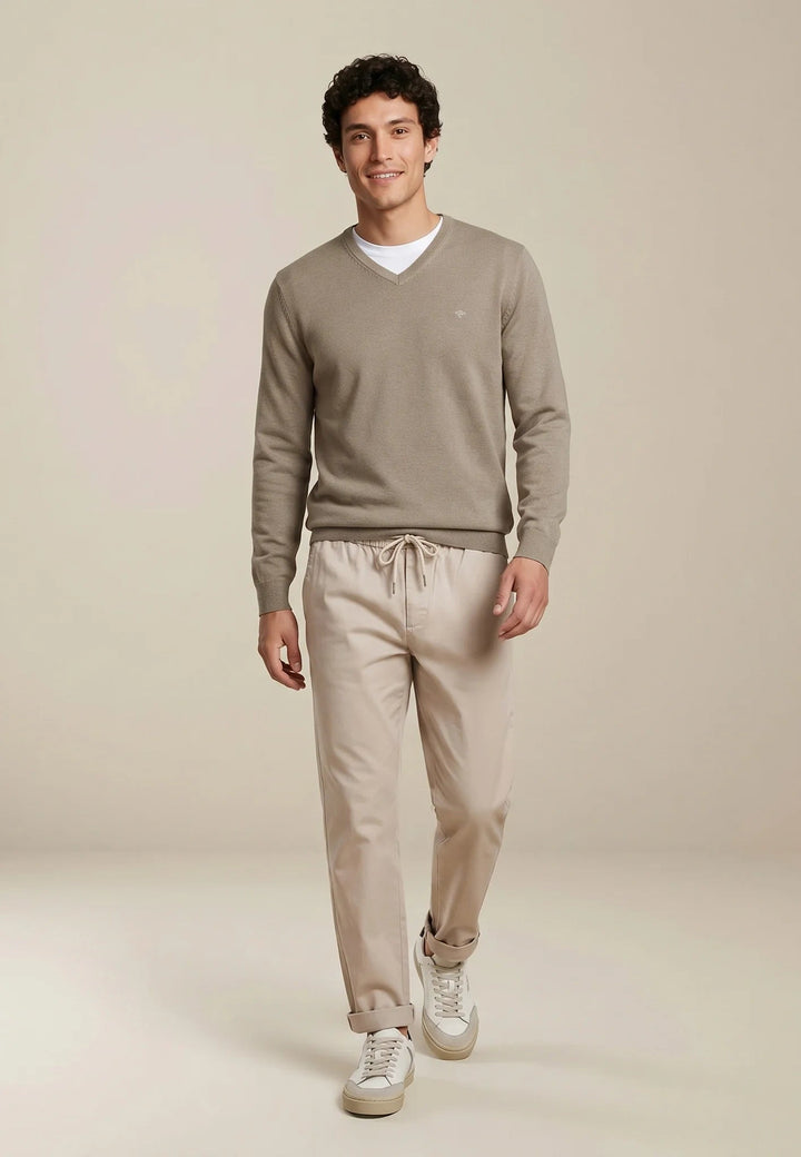 Fynch-Hatton Fine Knit Cotton V-Neck Sweater Taupe SFPK211-864-M