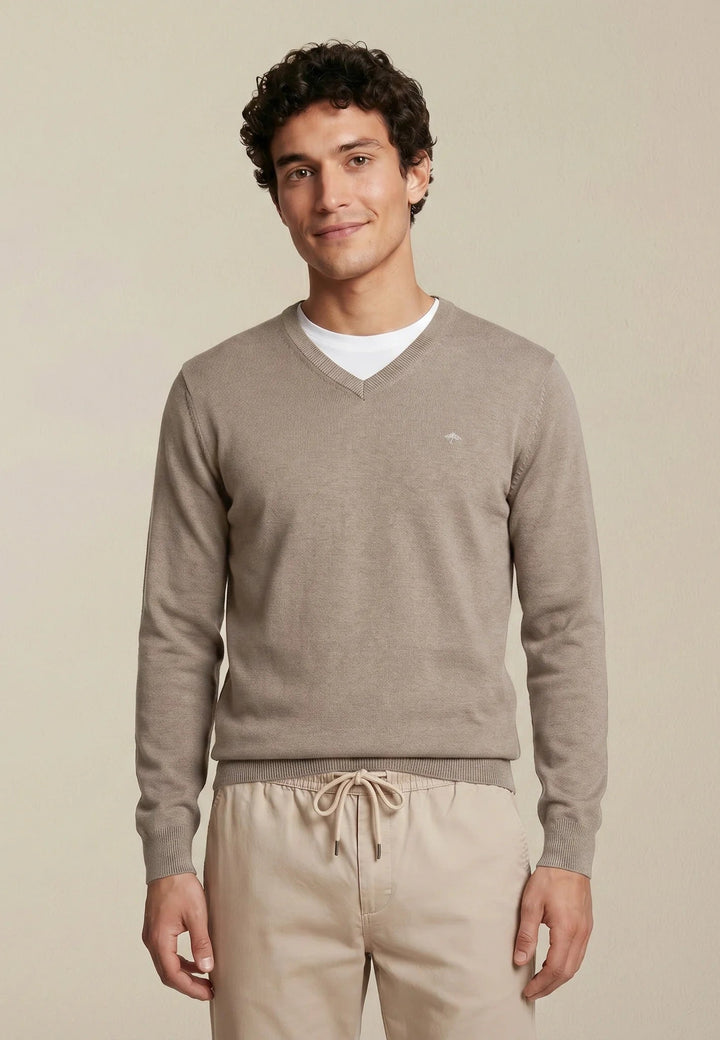 Fynch-Hatton Fine Knit Cotton V-Neck Sweater Taupe SFPK211-864-M