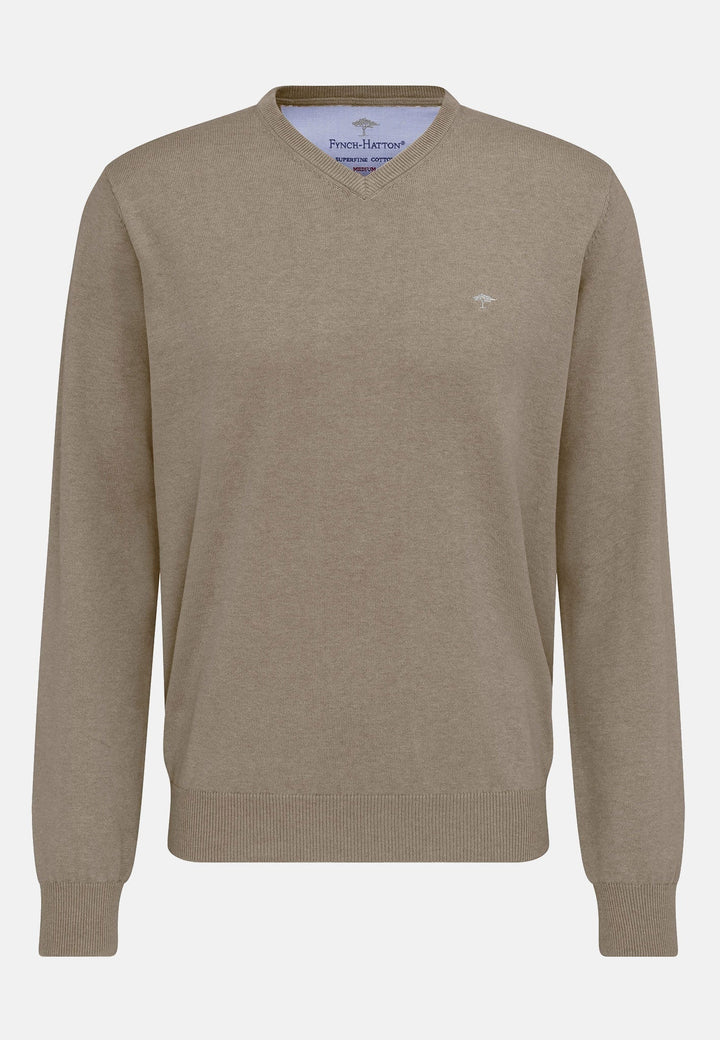 Fynch-Hatton Fine Knit Cotton V-Neck Sweater Taupe SFPK211-864-M