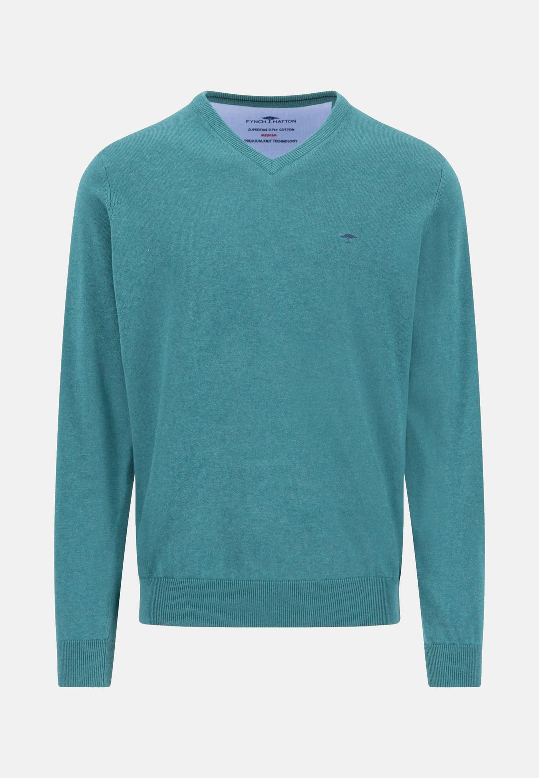 Fynch-Hatton Fine Knit Cotton V-Neck Sweater Teal 1614211-673-M