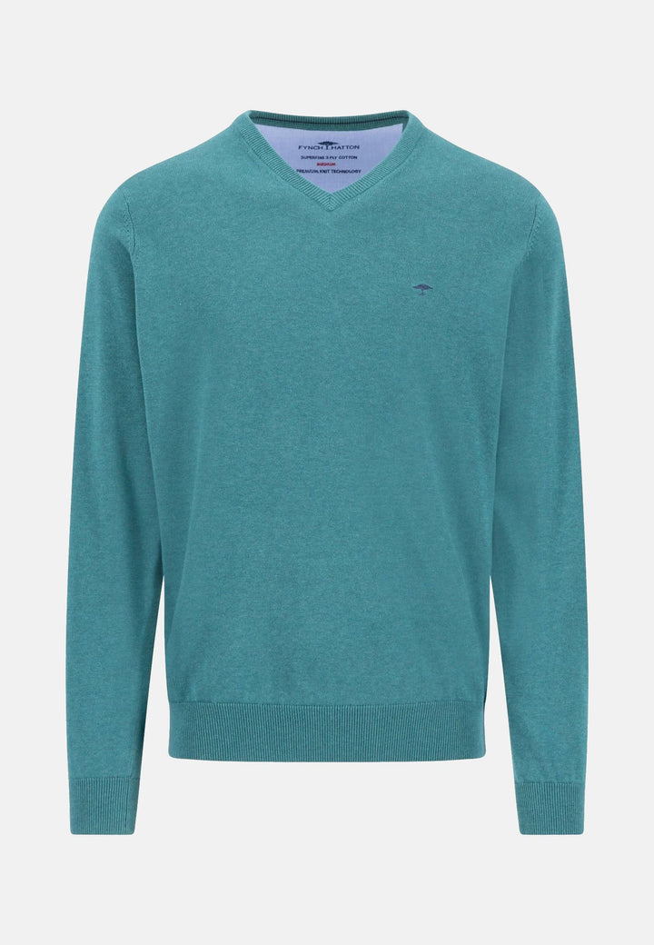 Fynch-Hatton Fine Knit Cotton V-Neck Sweater Teal 1614211-673-M