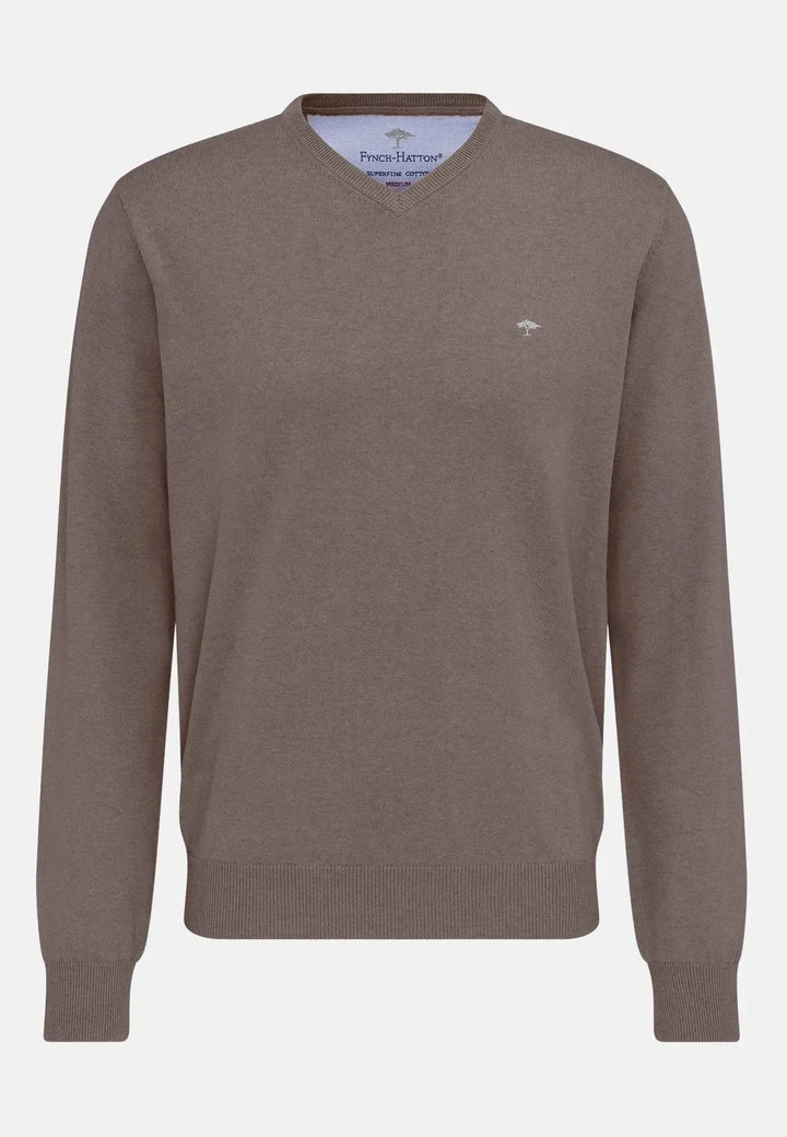 Fynch - Hatton Fine Knit V - Neck Cotton Knit Earth SFPK211-860-S